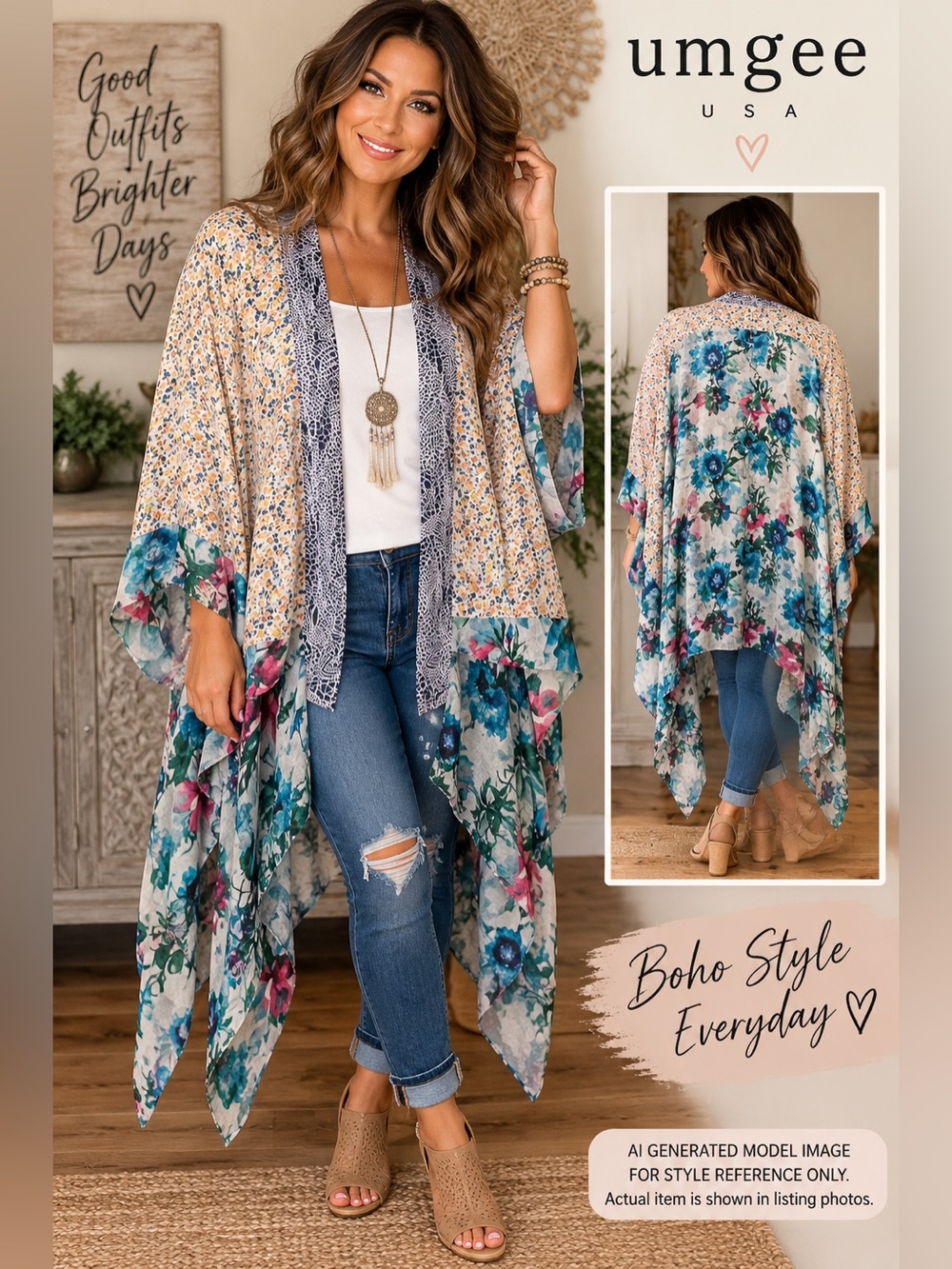 Umgee Boho Floral Mixed Print Waterfall Kimono Cardigan